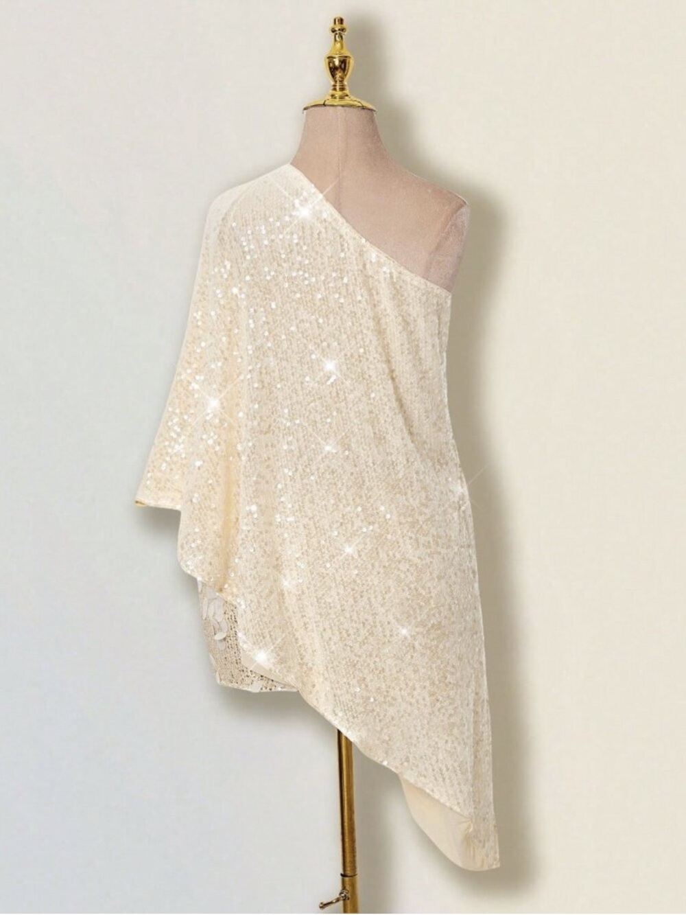 One-Shoulder Sequin Cream Dress Cover-Up - Picture 9 of 14